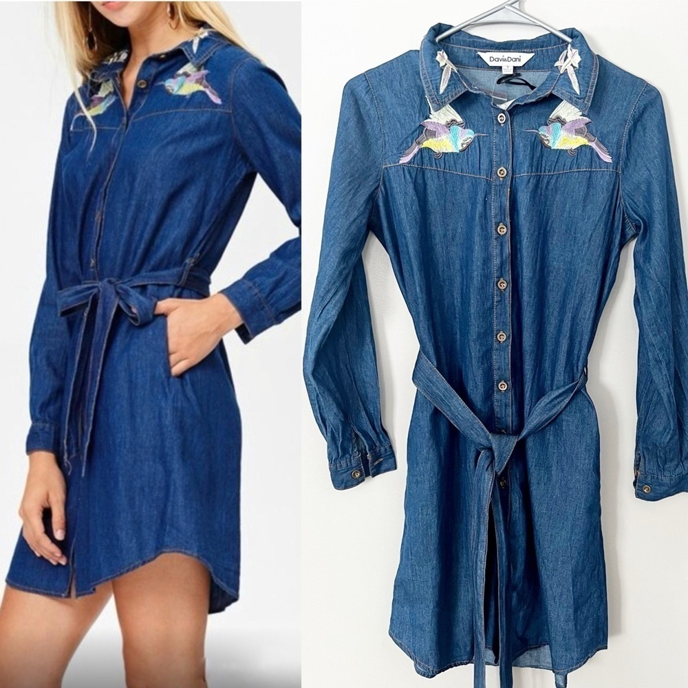 NWT Davi & Dani Denim Embroidered Shirt Dress Cotton Chambray Bird Pockets Small - Picture 15 of 15